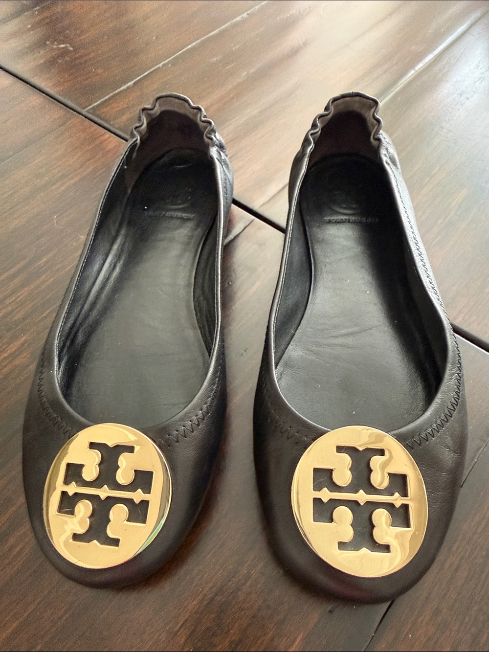 Tory Burch Black Leather Ballet Flats with Gold Logo
